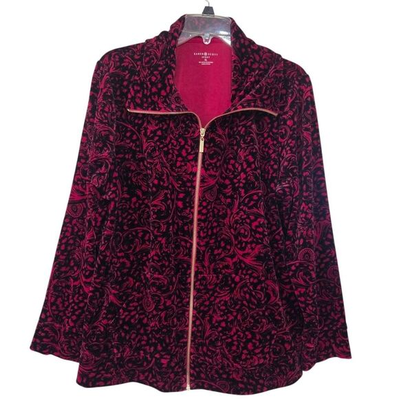 Karen Scott Sport Women Jacket XL Burgundy Velvet-Look Paisley Zip Front Pockets - Picture 5 of 13